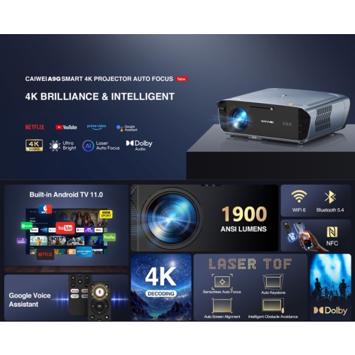 A9G FULL HD/4K LED-projector, WiFi 6 HDR10 ANDROID LED-tv met Dolby Audio-geluid
