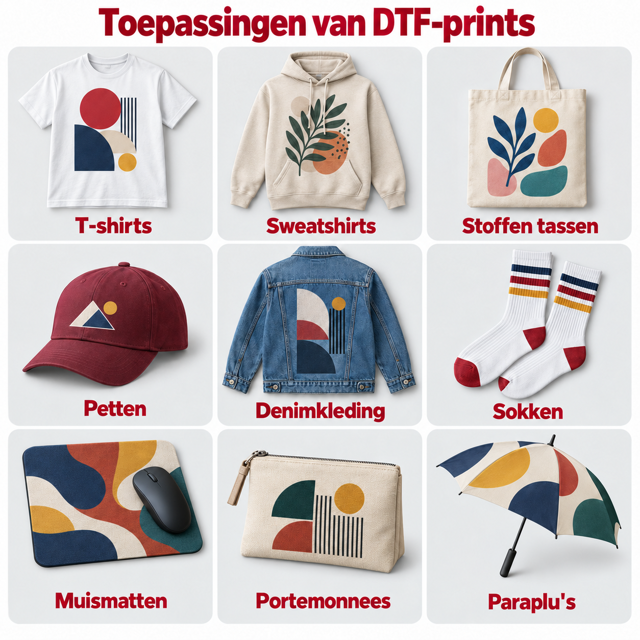 Voorbeelden van textielpersonalisatie met DTF-transfers