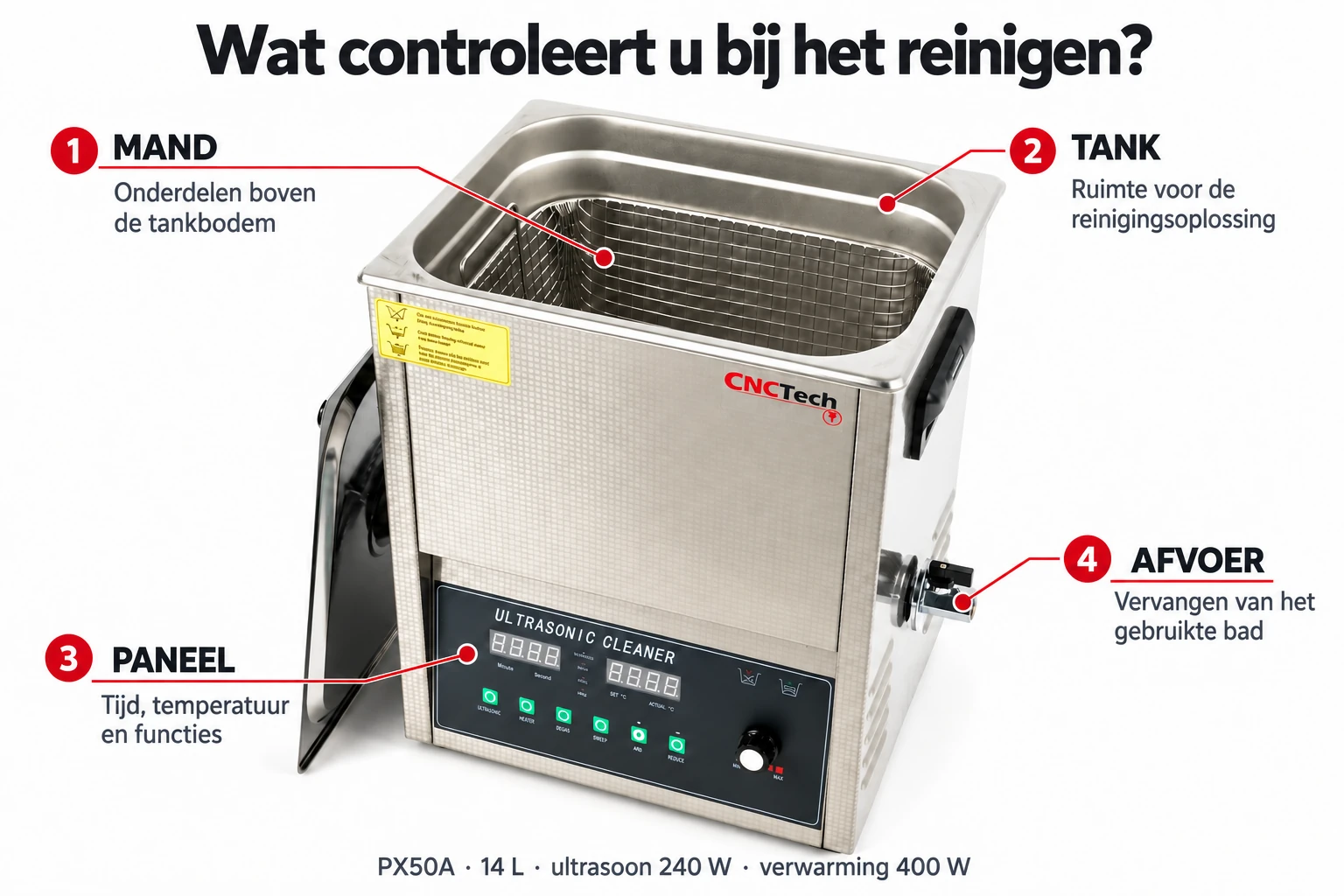 Ultrasoonreiniger PX50A: mand, tank, paneel en afvoer