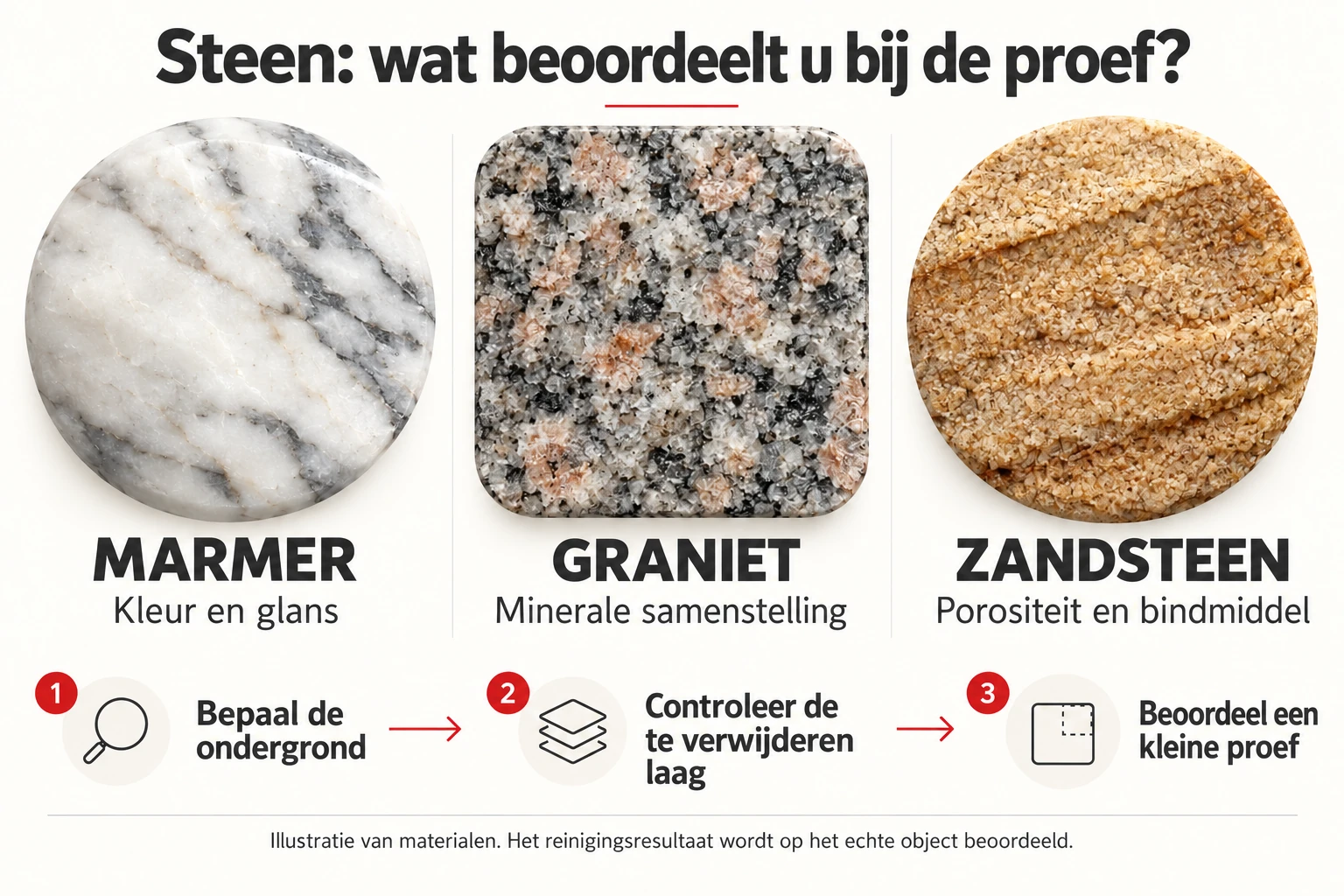 Marmer, graniet en zandsteen: kleur en glans, mineraalsamenstelling en porositeit en bindmiddel